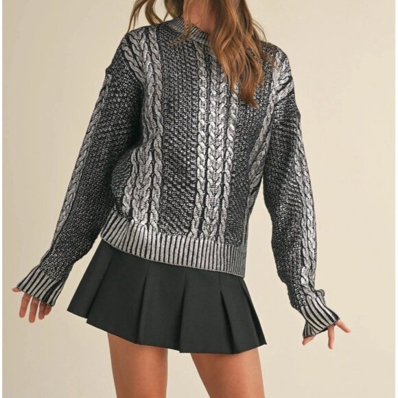 Klesis Sweaters - Women Metallic Foil Cable Knit Sweater Top Black Silver Size M Round Neck Stretc